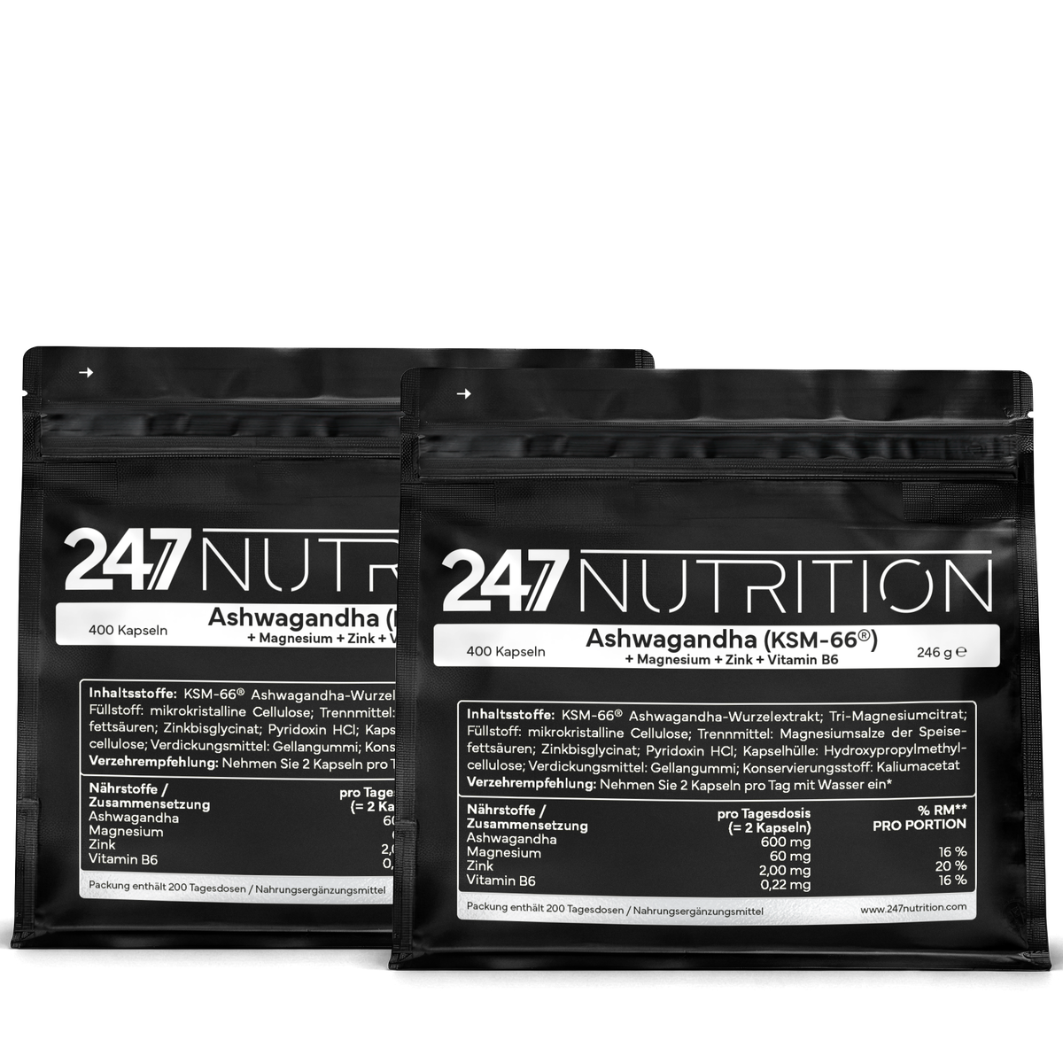 2x Ashwaganda + Magnesium + Zink + VitB6 - 400 Kapseln