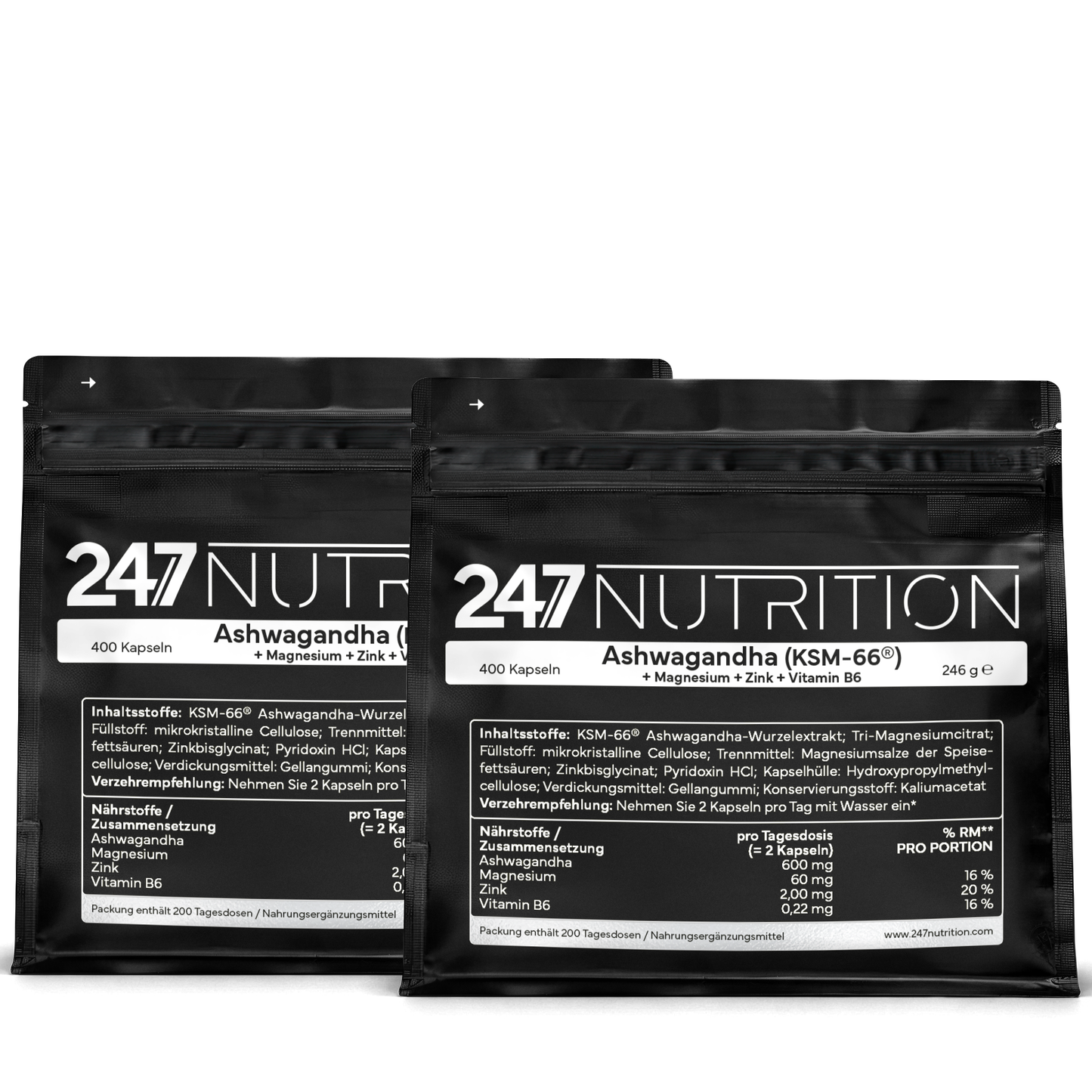 2x Ashwaganda + Magnesium + Zink + VitB6 - 400 Kapseln