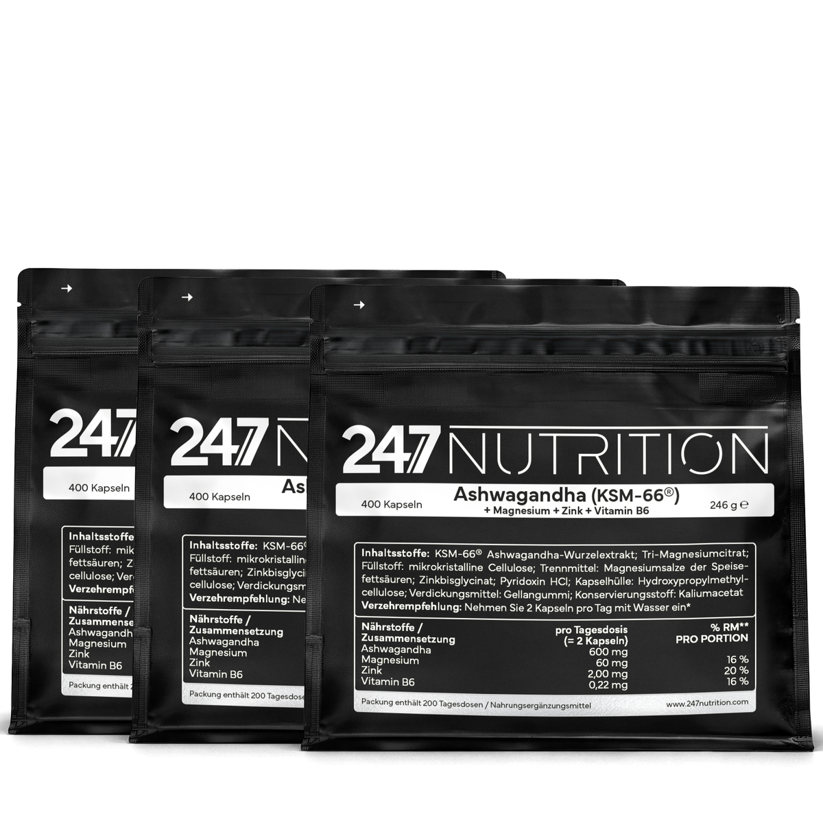 3x Ashwaganda + Magnesium + Zink + VitB6 - 400 Kapseln