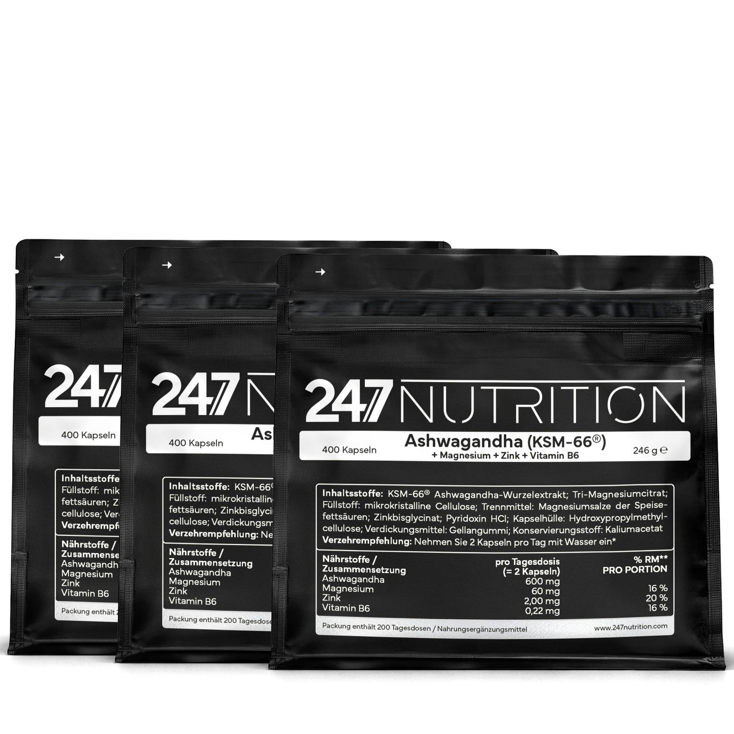 3x Ashwaganda + Magnesium + Zink + VitB6 - 400 Kapseln