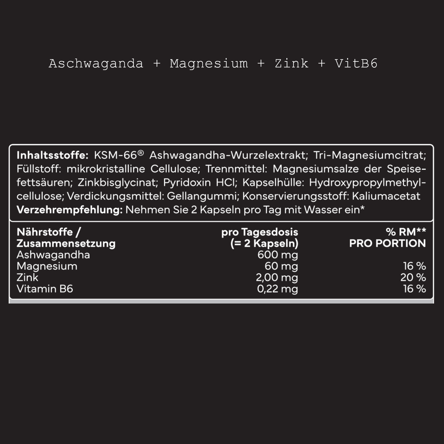 Ashwaganda + Magnesium + Zink + VitB6 - 400 Kapseln